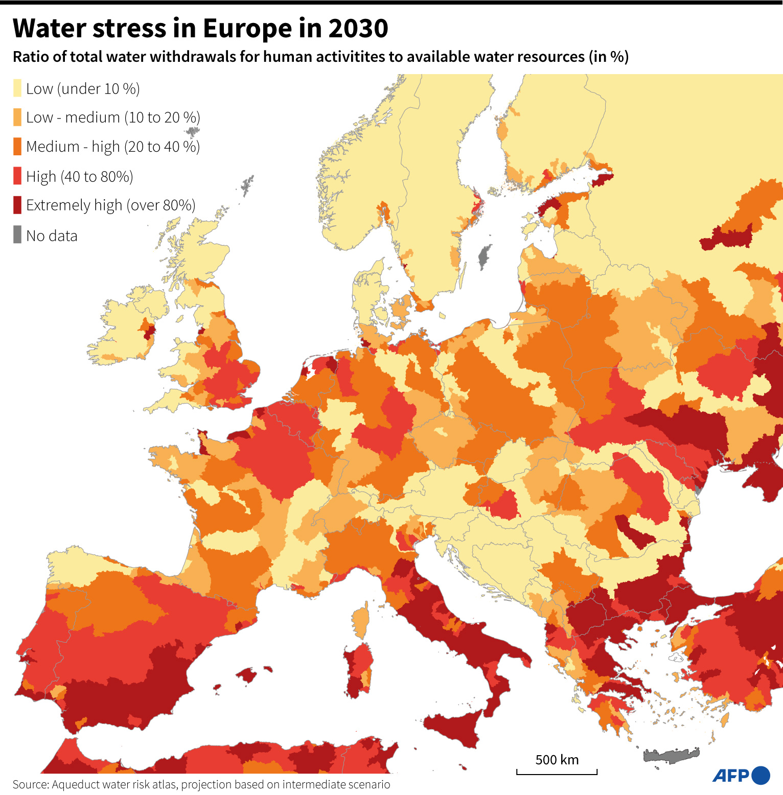 Map of Europe's water stress projection in 2030, defined as the proportion of available water resources withdrawn for human activity, from Aqueduct Water Risk Atlas