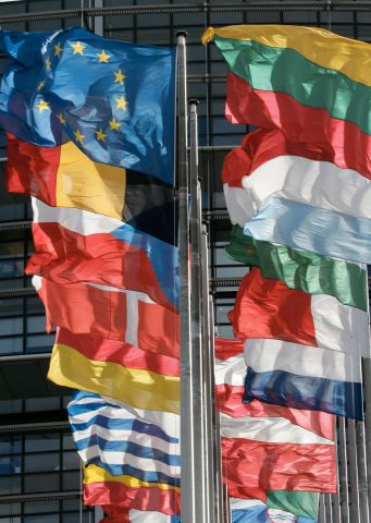 Drapeaux des pays de l’Union européenne devant le Parlement européen à Strasbourg en 2006 - Gérard Cerles - AFP