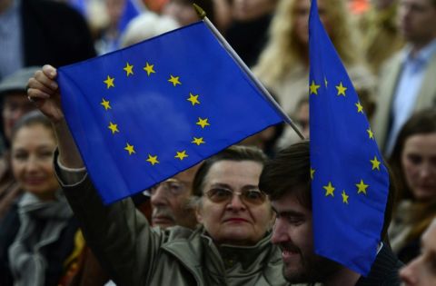 EU flags at a European Parliament election rally (2014) - John MacDougall - AFP