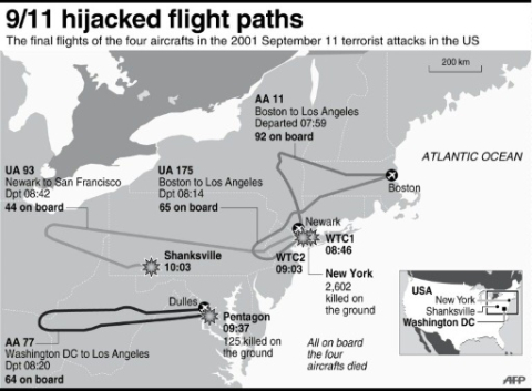 The flight paths of the aircraft used in the 9/11 attacks - AFP