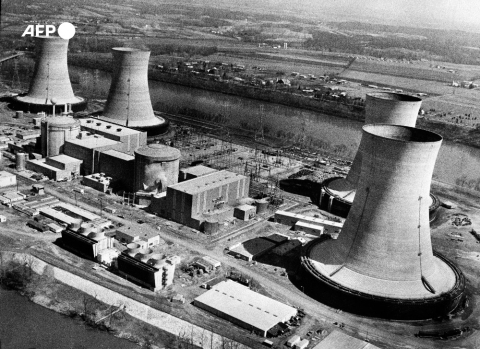 Vue aérienne de Three Mile Island, le 28 mars 1979 - AFP