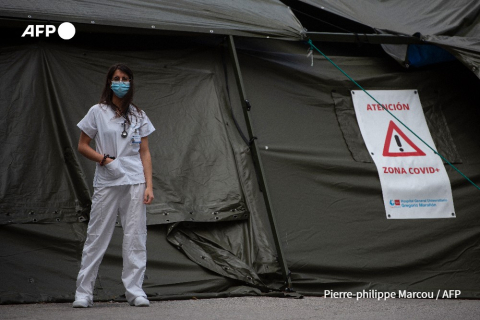 Doctor Ana Rubio at a Covid-19 tent at a Madrid hospital - Pierre-Philippe Marcou - AFP