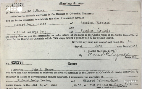 The Lovings' 1958 marriage licence - AFP