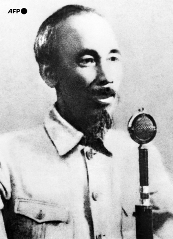 Picture taken in 1945 of Ho Chi Minh (alias Nguyên Ai Quôc, 1890-1969), reading the proclamation of Independence and declaring the foundation of the Democratic Republic of Vietnam. - AFP