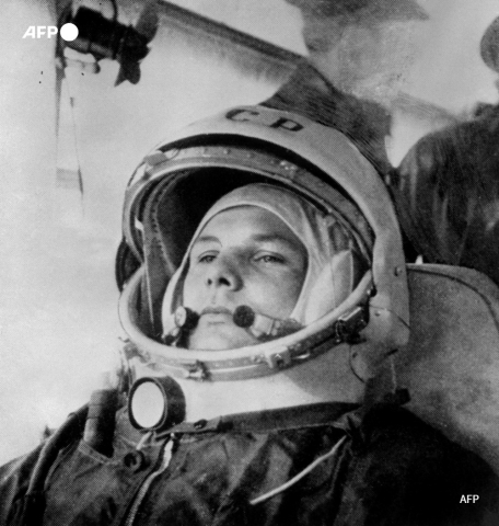 Le 12 avril 1961, Iouri Gagarine à bord de Vostok-1 sur le pas de tir de Baïkonour - AFP