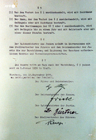 This undated file photo shows an extract of the Nuremberg Racial Laws signed by Adolf Hitler. - AFP