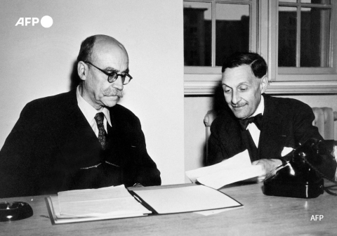 File photo taken in Berlin on October 19, 1945 of Henri Donnedieu de Vabres (L), the French judge at the International Military Tribunal in Nuremberg. - AFP