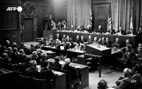 A view of the judges bench at the Nuremberg International Military Tribunal (IMT)taken in September 1946, during the war crimes trial of former Nazi leaders. - AFP