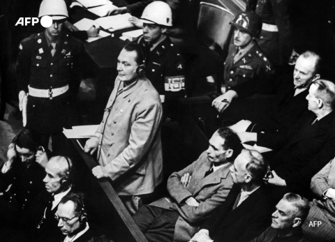 Reichsmarschall Hermann Goering at the Nuremberg war crimes trial on November 21, 1945 - AFP