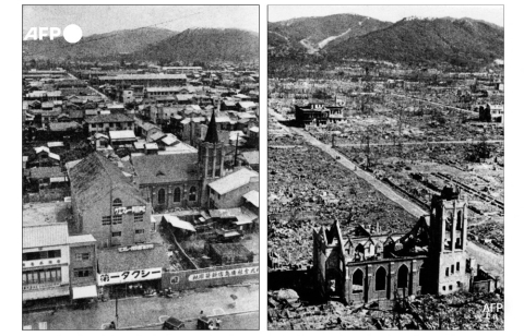 Photos prises en 1945 montrant des vues d'Hiroshima avant et après le bombardement atomique - AFP