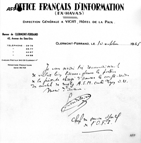 Demande de laissez-passer de l'OFI d'octobre 1943 pour un match de rugby - AFP
