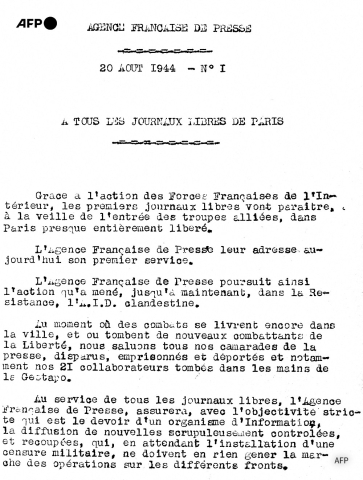 Toute première dépêche de l'AFP diffusée le 20 août 1944 - AFP