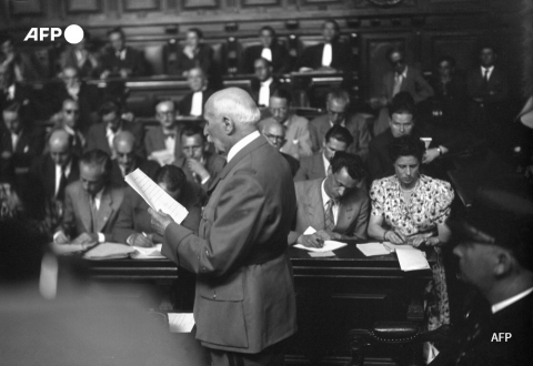 Le maréchal Pétain s'exprime le 23 juillet 1945 à l'ouverture de son procès - AFP