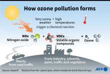 The chemical reaction that leads to the formation of the pollutant, irritant gas ozone.